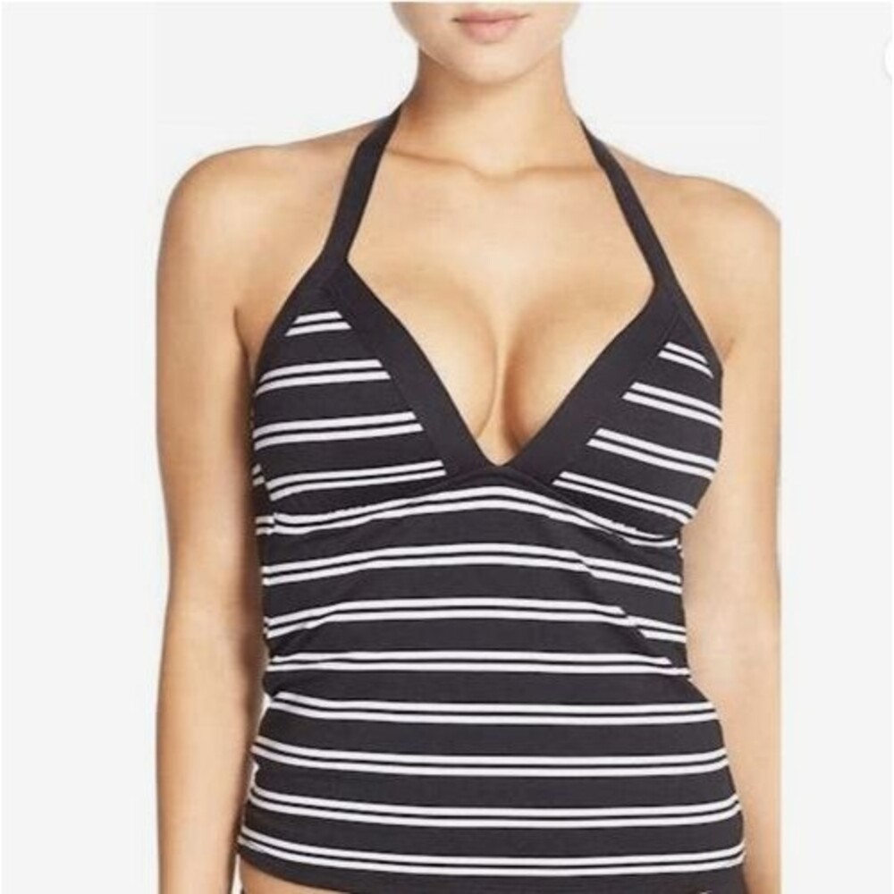 NWT LA Blanca Black White Padded V-Neck Halter Bathing Suit Tankini TOP Sz 6